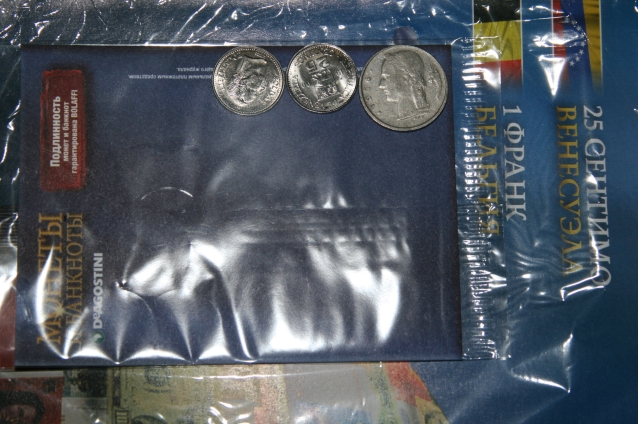 Монеты и банкноты №34  25 сентимо (Венесуэла), 1 франк (Бельгия)