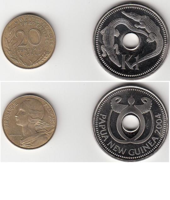 Монеты и банкноты №64  1 кина (Папуа-Новая Гвинея), 20 сантимов (Франция)
