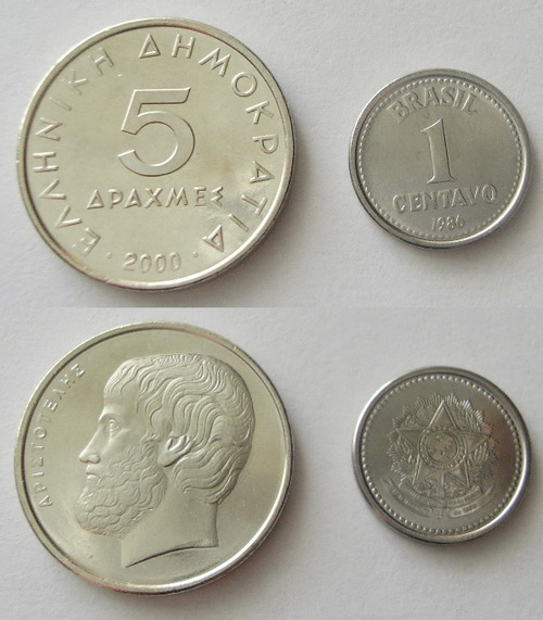 Монеты и банкноты №66  5 драхм (Греция), 1 сентаво (Бразилия)