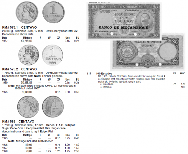 Монеты и банкноты №70 100 эскудо (Мозамбик), 1 сентаво (Бразилия)