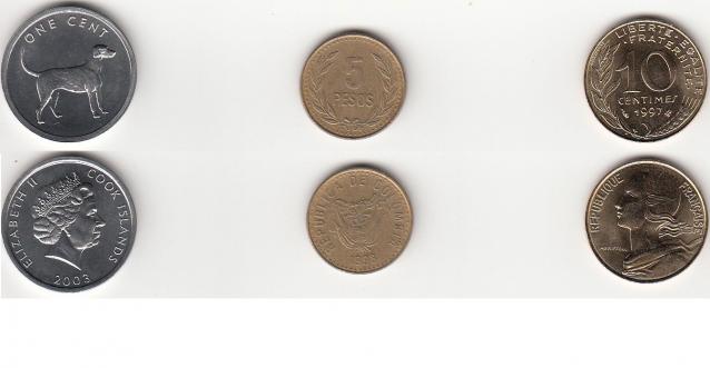Монеты и купюры мира №21 1 цент (Острова Кука), 5 песо (Колумбия), 10 сантимов (Франция)