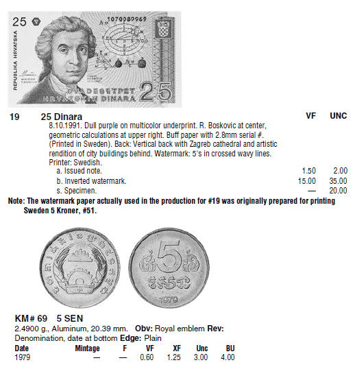 Монеты и банкноты №71 25 динаров (Хорватия), 5 сенов (Камбоджа)