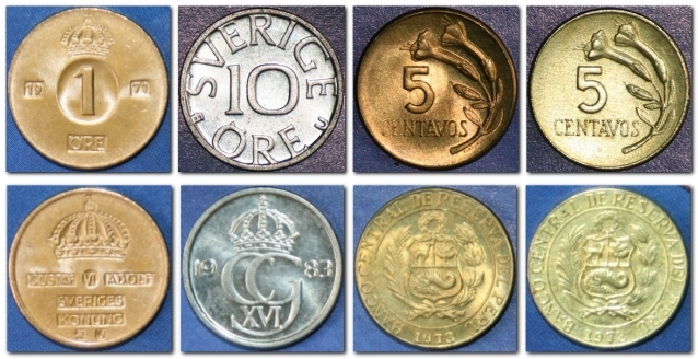 Монеты и банкноты №72  5 сентаво (Перу), 1 эре/10 эре (Швеция)