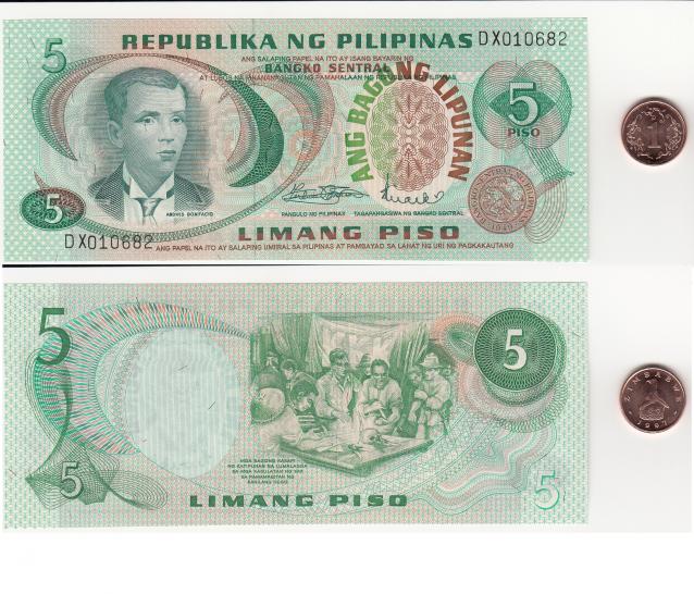 Монеты и банкноты №75  5 песо (Филиппины), 1 цент (Зимбабве)