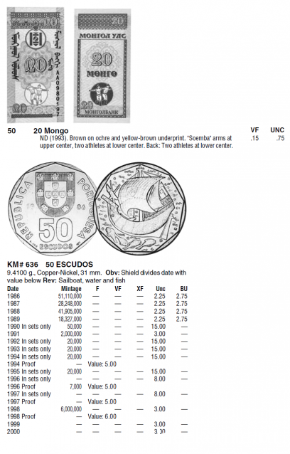 Монеты и банкноты №83 20 мунгу (Монголия), 50 эскудо (Португалия)