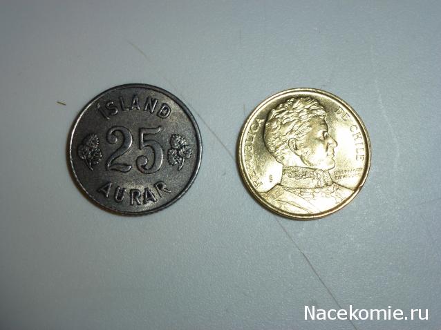 Монеты и банкноты №100 25 эйре (Исландия), 1 песо (Чили)
