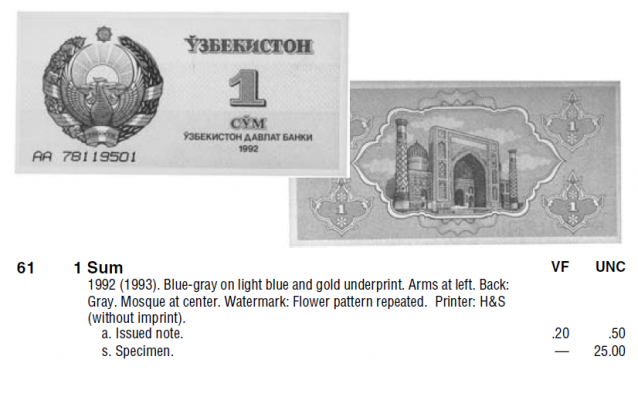 Монеты и банкноты №115 1 сум (Узбекистан), 10 пара (Югославия)