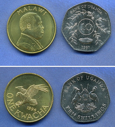 Монеты и банкноты №135 1 квача (Малави), 10 шиллингов (Уганда)