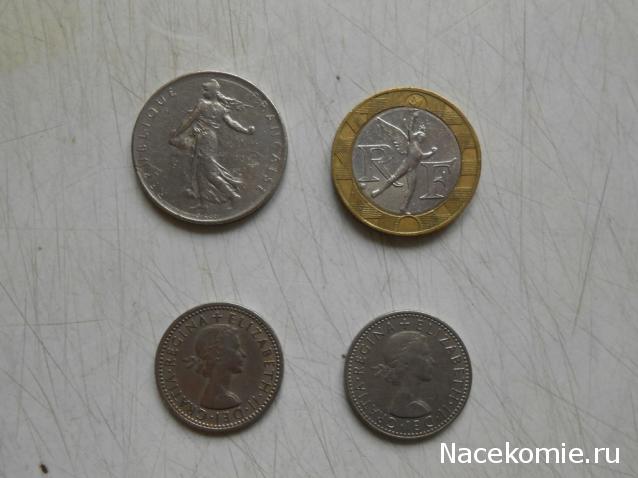 Монеты и банкноты №88 6 пенсов (Великобритания), 1 франк/ 10 франков (Франция)