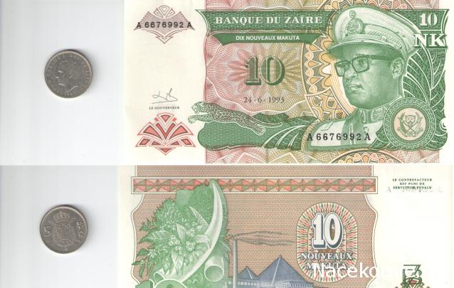 Монеты и банкноты №234 10 новых макут (Заир), 5 песет (Испания)
