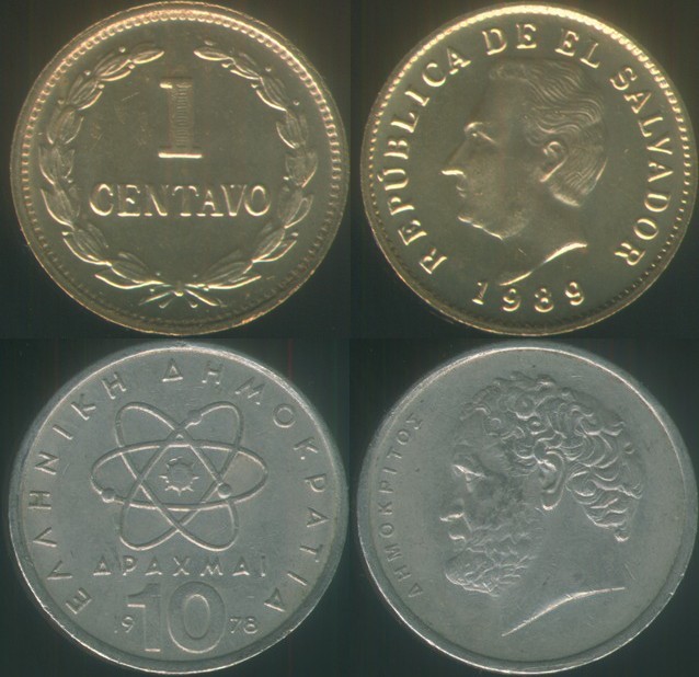 Монеты и банкноты №374 1 сентаво (Сальвадор), 10 драхм (Греция)