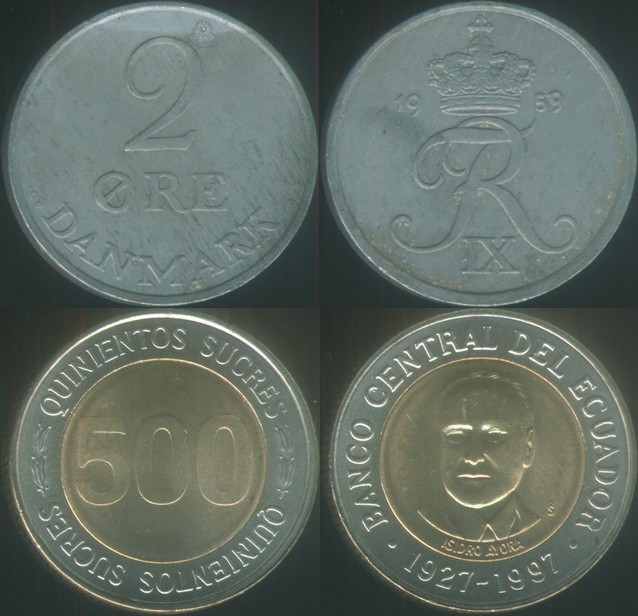 Монеты и банкноты №371 2 эре (Дания), 500 сукре (Эквадор)