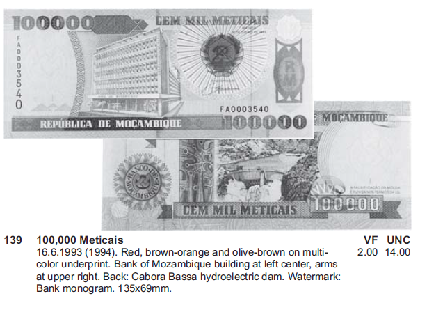 Деньги Мира №20 - Банкнота 100 000 метикалов (Мозамбик) + монета 10 сентаво (Гватемала)