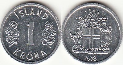Монеты и банкноты №406 1 крона (Исландия), 2 пенса (Великобритания)