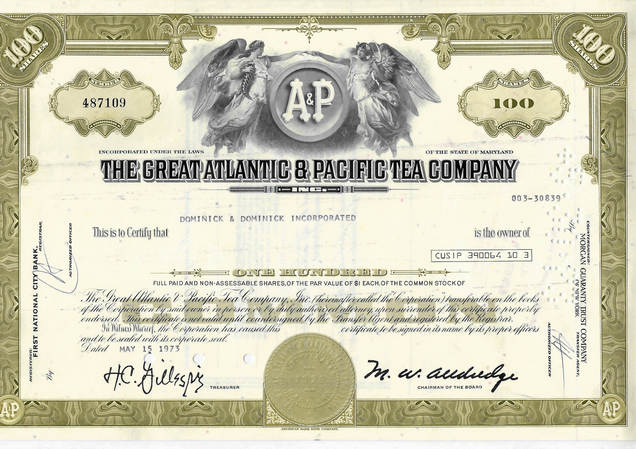 Монеты и Банкноты №457 - Трастовый сертификат A&P The Great Atlantic & Pacific Tea Company (США)